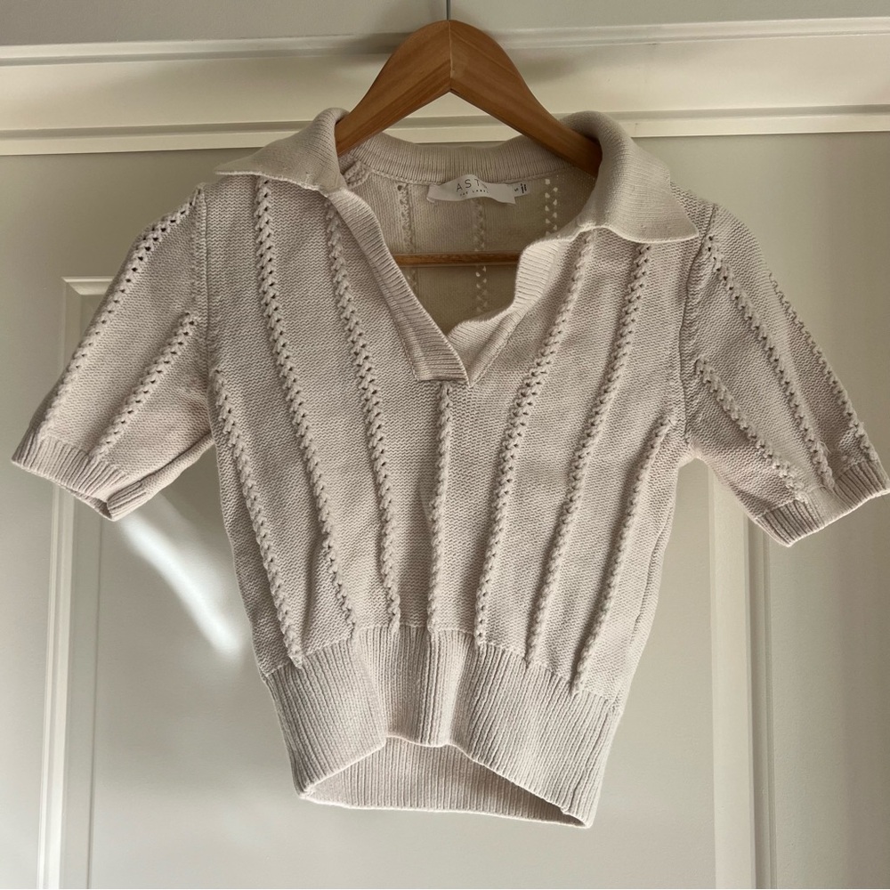 ASOS Cream open Knit polo Collared Top preppy ivy